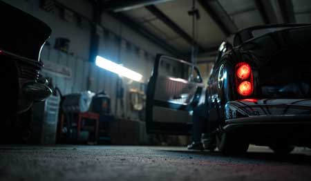 schwarzer Oldtimer steht in Garage Rücklicht leuchtet